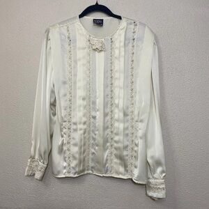 Vintage Erena By Irene Koenig Womens Blouse Size 8 Cream Satin Lace Trim